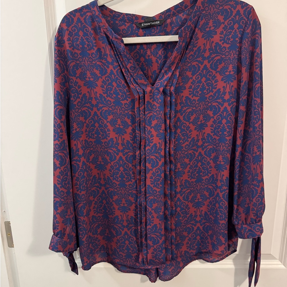 41 Hawthorn Blue and Red Graphic Tie Front Blouse